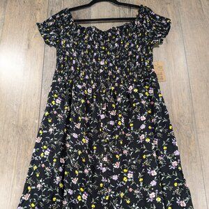 Babydoll Dress Womens 2X Black Floral Print Short Sleeve Smocked Y2K NWT